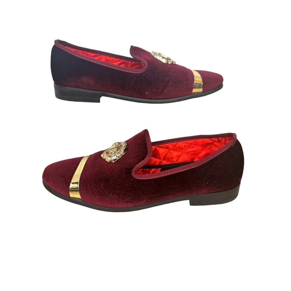 ELANROMAN Men's Loafers Wine Red Velvet With‎ Gold Accent Dress Shoes_SZ 11 EU45